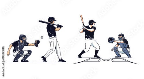 Baseball players in action with batters swinging and catchers crouching in a detailed black and white line art illustration