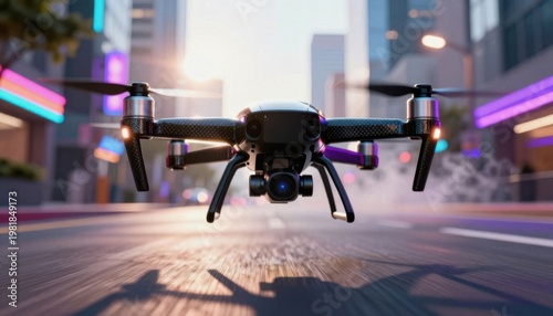 drone flying over urban street at sunset with neon city lights and motion blur