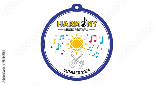 Harmony Music Festival Summer 2024 Medal Design with Guitar, Microphone, Sun, Notes