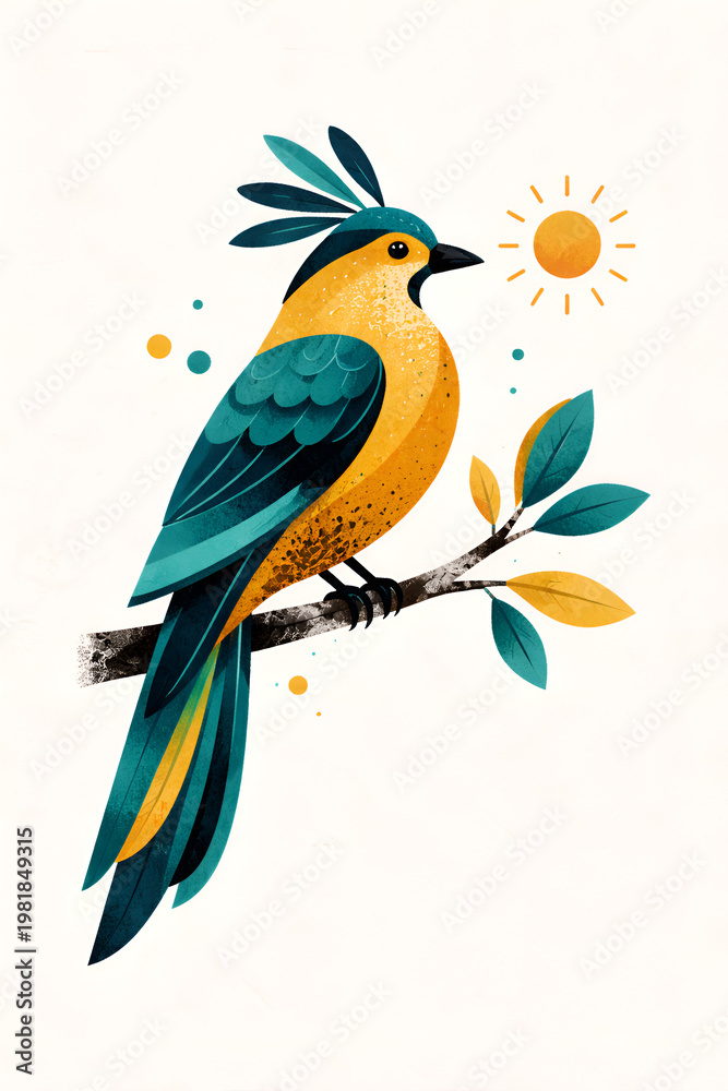 Fototapeta premium Stylized Exotic Bird in Mid Century Modern Risograph Style