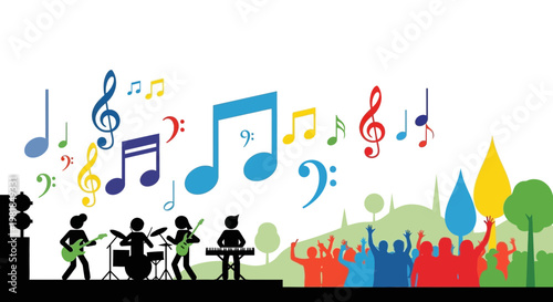 Live Music Band Performing Outdoors with Cheerful Audience and Colorful Notes