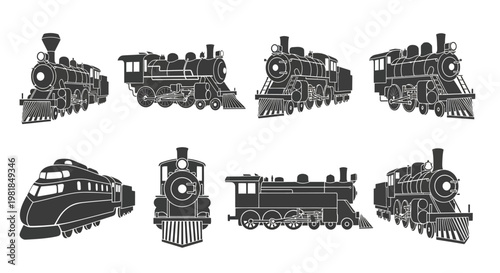 Vintage train icons, steam locomotive set, black and white illustrations, railway vehicles