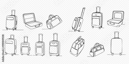 Continuous line drawing of travel bags, suitcases, and luggage for vacation and journey concept.