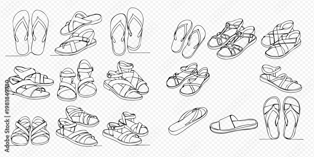 Fototapeta premium Continuous line drawing of various summer footwear including flip-flops, sandals, and slides, isolated on a transparent background.
