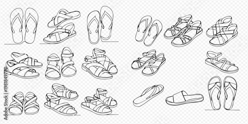 Continuous line drawing of various summer footwear including flip-flops, sandals, and slides, isolated on a transparent background.