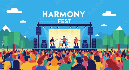 Outdoor Music Festival Crowd Cheering at Live Band on Stage