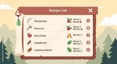 Game Recipe List Interface with Crafting Items.