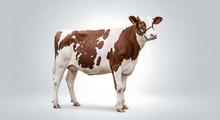 A brown and white cow stands alone in a plain background