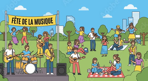 Outdoor Music Festival in City Park with People Enjoying Live Performances
