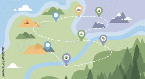 Illustrated Map with Travel Route and Location Pins.