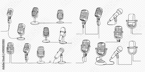Set of hand-drawn vintage and modern microphones with continuous line art style, perfect for audio, music, and broadcast themes.