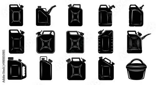 Black oil canister icons, fuel tank symbols, petroleum jugs, industrial containers, 15-piece vector set