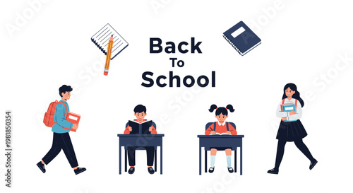 Diverse group of school children with books and backpacks under the text back to school in an educational classroom scene.