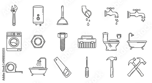 Plumbing tools and bathroom fixtures icons, 20 line style symbols, plumbing equipment, bathroom accessories