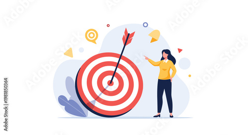 Confident businesswoman pointing at a large bullseye target with an arrow in the center to represent reaching goals.