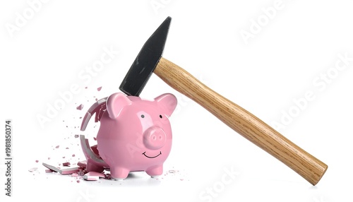 A pink piggy bank being smashed by a hammer, shards of porcelain scattered on a white background