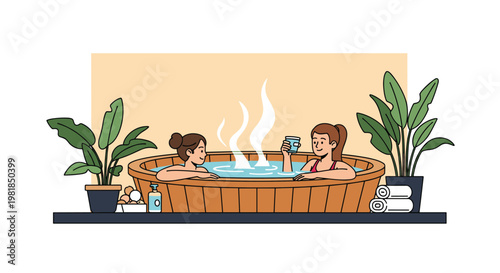 Two young women relaxing and drinking in an outdoor wooden hot tub surrounded by lush tropical plants and white towels.