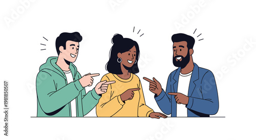 Three happy friends from different backgrounds point at each other while smiling and standing together against a white background.