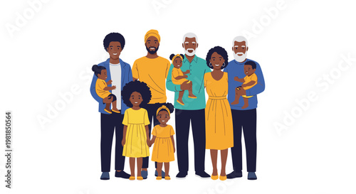 Large multi-generational African American family stands together for a group portrait while wearing coordinated yellow and blue outfits.