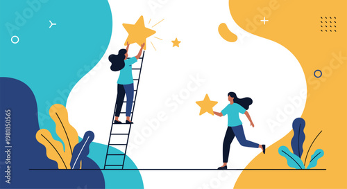 Two women work together to decorate a large abstract wall with golden stars, with one person standing on a ladder to reach higher.