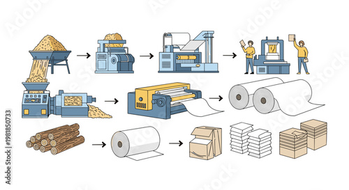 Detailed infographic depicts the complete industrial process of paper manufacturing from raw timber logs to finished paper products.