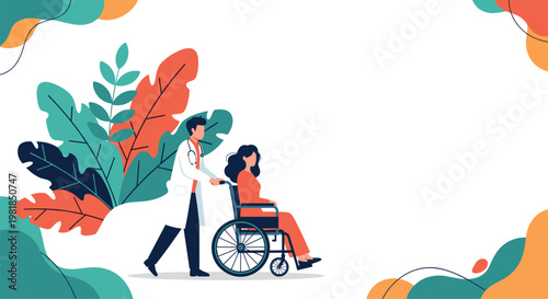 Male doctor in a white coat pushes a woman in a wheelchair through a medical facility with a background of large tropical leaves.