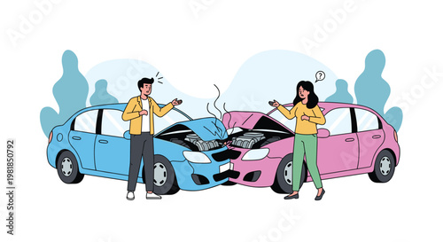 Distressed man and woman stand near their damaged cars after a traffic accident as smoke rises from the crumpled engine compartments.