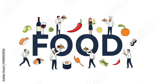 Tiny chefs and waitstaff are depicted around a giant word food while serving various gourmet dishes like seafood, wine, and sushi.