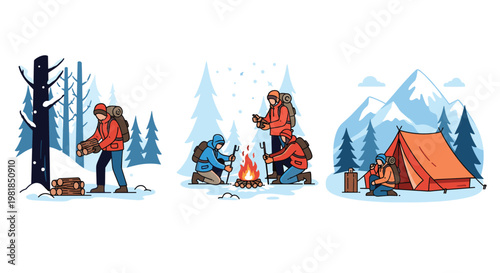 Sequence of illustrations shows people enjoying a winter camping trip by gathering firewood, making a campfire, and resting in a tent.