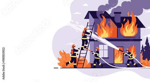 Group of brave firefighters uses water hoses and ladders to fight a massive fire that has engulfed a two-story residential house.