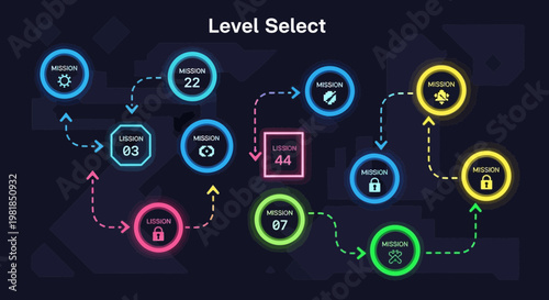 Video Game Level Select Screen with Connected Nodes.