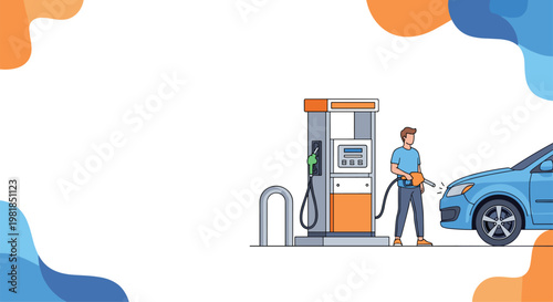 Man in a blue t-shirt refills his car with fuel at a modern gas station pump against a clean white background with abstract shapes.