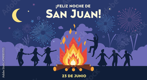 San Juan Night Celebration: Bonfire, Fireworks, Dancing People, Moon, Stars
