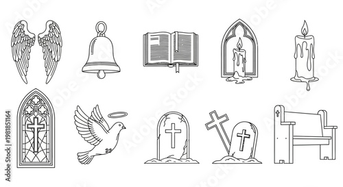 Church, funeral, cemetery icons, religious symbols, black and white vector illustrations, 10 elements