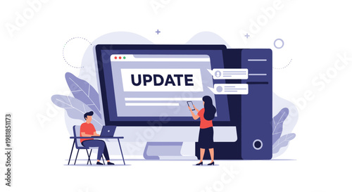 Small team of people works on a desktop computer and smartphone to perform a software update as shown on a large glowing monitor.