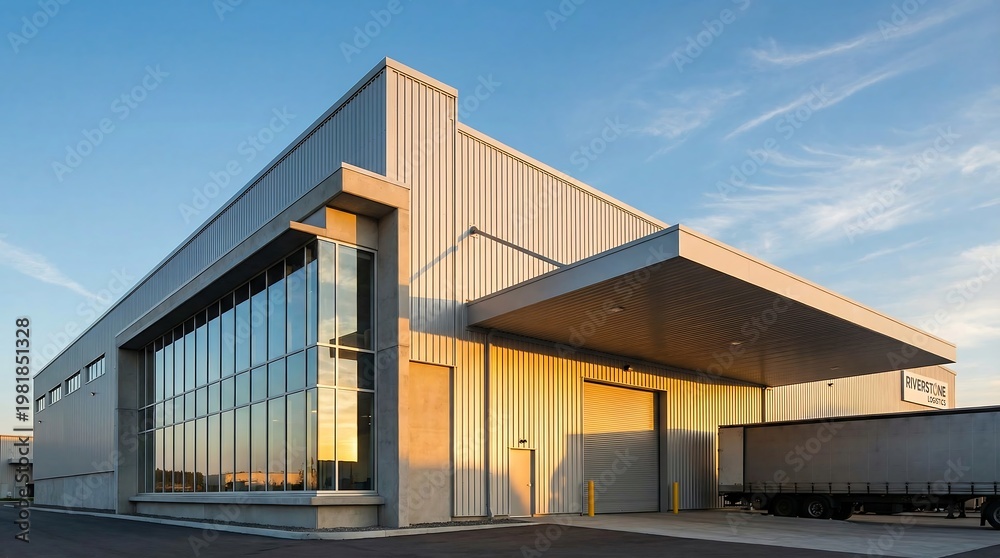 Obraz premium Modern Industrial Warehouse Exterior with Loading Dock at Sunset