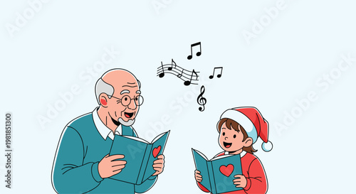 Cheerful grandfather and his young granddaughter sing Christmas carols together from songbooks while wearing festive holiday attire.