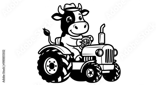 A cartoon cow wearing a cowboy hat drives a tractor in a playful vector illustration