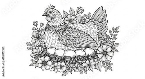 A black and white illustration of a hen sitting on eggs in a nest surrounded by flowers