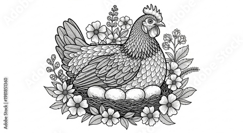 A black and white illustration of a hen sitting on eggs in a nest surrounded by flowers