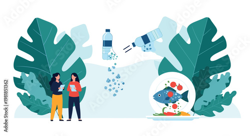 Environmental illustration explains the harmful path of microplastics from plastic bottles into the ocean and eventually into food.