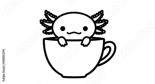 A cute cartoon axolotl peeking out of a teacup in a minimalist black and white illustration