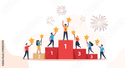 Successful team members stand on a red winner podium holding golden stars while fireworks celebrate their victory in the background.