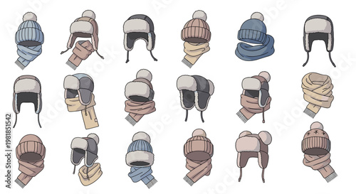 Large collection of winter hats and scarves in various styles and colors like beanies and fur hats are neatly arranged in a grid.