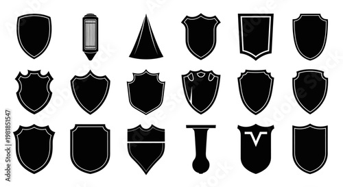 Shield icons, black crest emblems, coat of arms symbols, 20 heraldry shields
