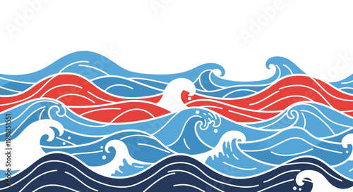 Stylized Ocean Waves Pattern, Blue, Red, White Colors