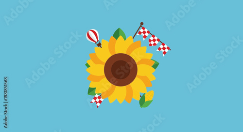 Summer Festival Celebration with Sunflower, Hot Air Balloon, and Bunting Flags