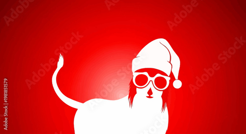 Cat in Santa Hat with Glasses, Holiday Celebration, Digital Art, Vibrant Red Background, Playful Concept