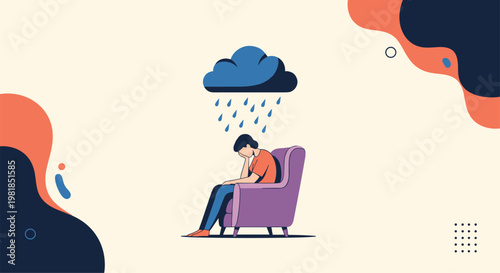 Depressed person sitting on a purple armchair under a dark rainy cloud representing mental health struggle and sadness.