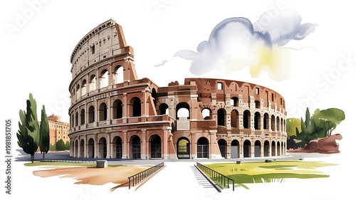 Detailed watercolor illustration of the Roman Colosseum under a soft cloudy sky at daytime